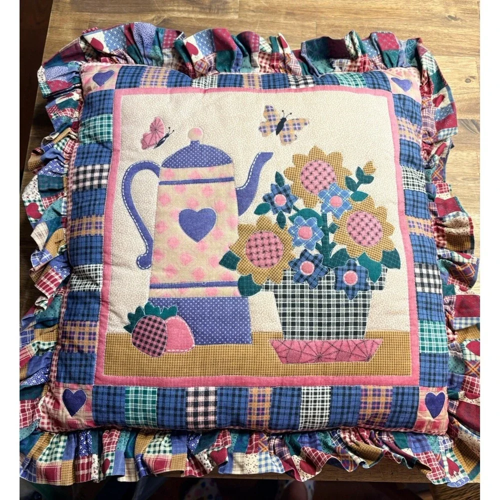 Vintage Quilted Patchwork Throw Pillow Ruffles Garden Flowers Cottage Core